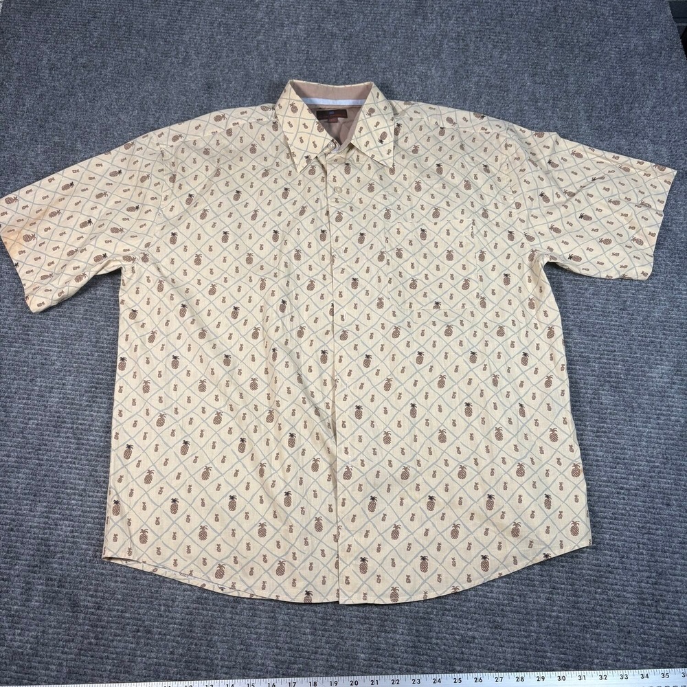 Oleg Cassini Button Down Shirt Mens XXL Tan Excellent Pineapple Tropical Print